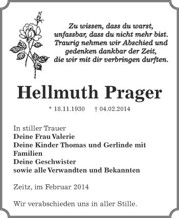 Traueranzeige von Hellmuth Prager von Super Sonntag Zeitz