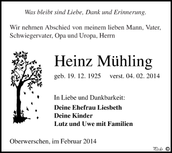 Traueranzeige von Heinz Mühling von WVG - Wochenspiegel NMB / WSF / ZTZ