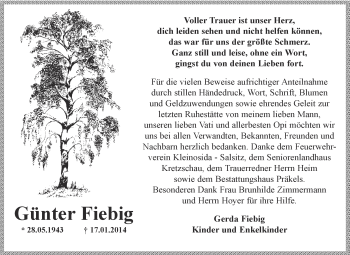 Traueranzeige von Günter Fiebig von Super Sonntag Zeitz
