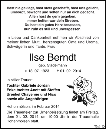 Traueranzeige von Ilse Berndt von WVG - Wochenspiegel NMB / WSF / ZTZ