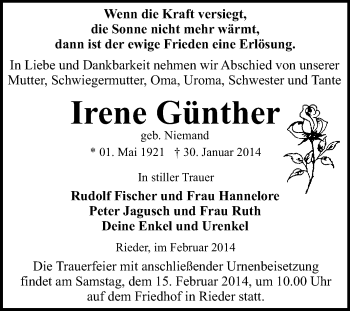 Traueranzeige von Irene Günther von WVG - Wochenspiegel Quedlinburg