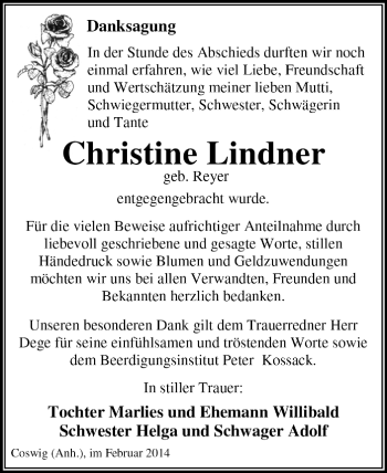 Traueranzeige von Christine Lindner von Super Sonntag Dessau / Köthen