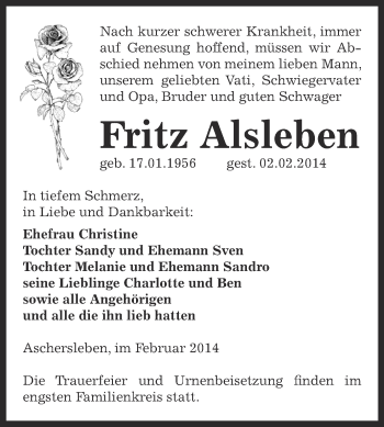 Traueranzeige von Fritz Alsleben von WVG - Wochenspiegel Aschersleben