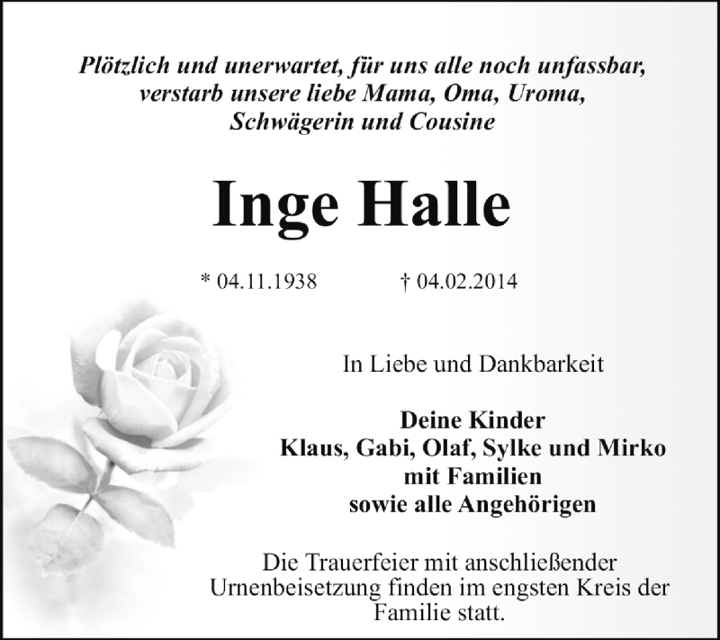  Traueranzeige für Inge Halle vom 09.02.2014 aus Super Sonntag Dessau / Köthen