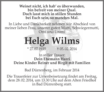 Traueranzeige von Helga Wilms von Super Sonntag Merseburg