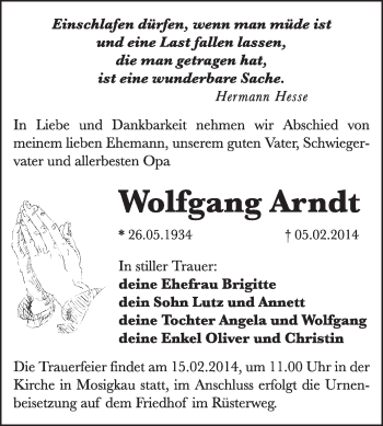 Traueranzeige von Wolfgang Arndt von Super Sonntag Dessau / Köthen