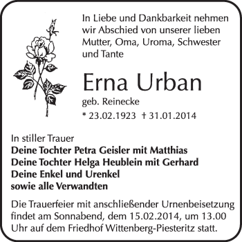 Traueranzeige von Erna Urban von WVG - Wochenspiegel Wittenberg