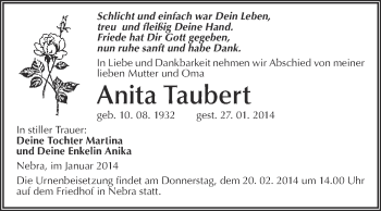 Traueranzeige von Anita Taubert von WVG - Wochenspiegel NMB / WSF / ZTZ