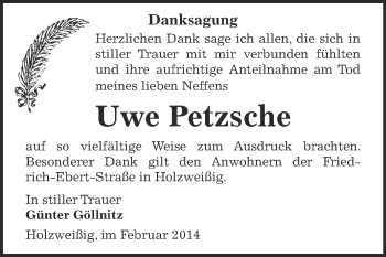 Traueranzeige von Uwe Petzsche von WVG - Wochenspiegel Bitterfeld