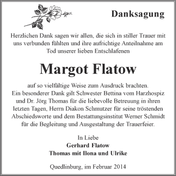 Traueranzeige von Margot Flatow von WVG - Wochenspiegel Quedlinburg
