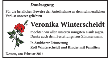 Traueranzeige von Veronika Winterscheidt von Super Sonntag Dessau / Köthen