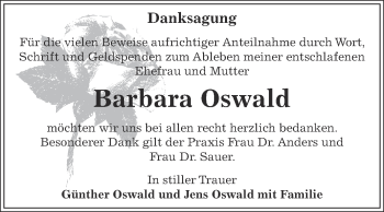 Traueranzeige von Barbara Oswald von Super Sonntag Aschersleben