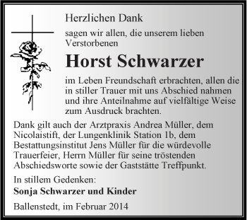 Traueranzeige von Horst Schwarzer von Super Sonntag Aschersleben