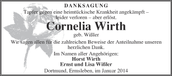 Traueranzeige von Cornelia Wirth von Super Sonntag Quedlinburg