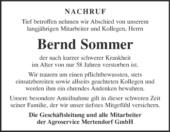 Traueranzeige von Bernd Sommer von WVG - Wochenspiegel NMB / WSF / ZTZ