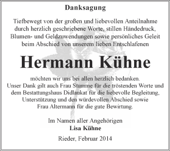 Traueranzeige von Hermann Kühne von WVG - Wochenspiegel Quedlinburg