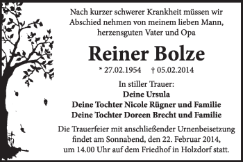 Traueranzeige von Reiner Bolze von WVG - Wochenspiegel Wittenberg