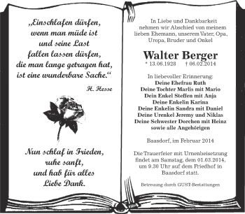 Traueranzeige von Walter Berger von WVG - Wochenspiegel Dessau / Köthen