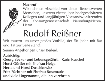 Traueranzeige von Rudolf Reißner von WVG - Wochenspiegel NMB / WSF / ZTZ