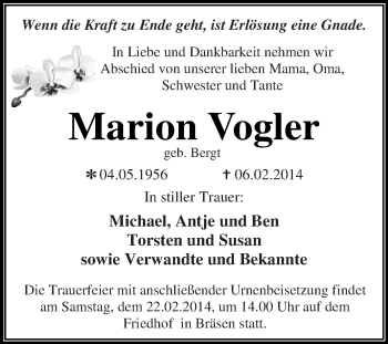 Traueranzeige von Marion Vogler von WVG - Wochenspiegel Dessau / Köthen