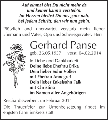 Traueranzeige von Gerhard Panse von WVG - Wochenspiegel NMB / WSF / ZTZ
