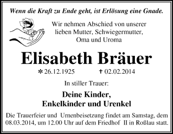 Traueranzeige von Elisabeth Bräuer von Super Sonntag Dessau / Köthen