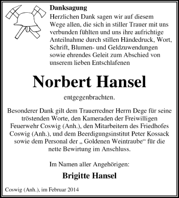 Traueranzeige von Norbert Hansel von Super Sonntag Dessau / Köthen