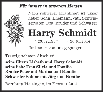 Traueranzeige von Harry Schmidt von Super Sonntag Bernburg
