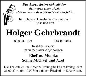 Traueranzeige von Holger Gehrbrandt von Super Sonntag Dessau / Köthen