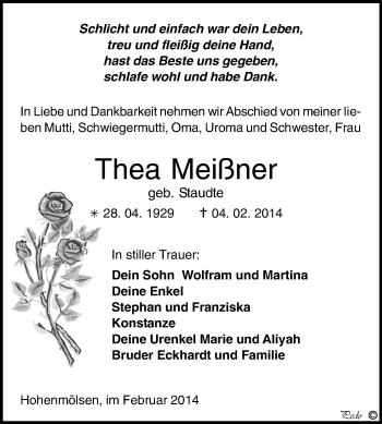 Traueranzeige von Thea Meißner von WVG - Wochenspiegel NMB / WSF / ZTZ