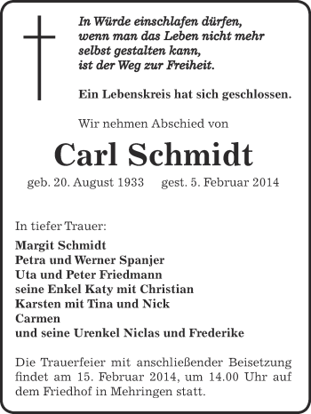 Traueranzeige von Carl Schmidt von Super Sonntag Aschersleben