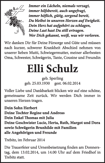 Traueranzeige von Elli Schulz von WVG - Wochenspiegel Wittenberg