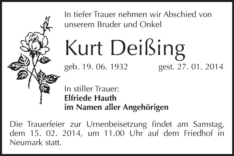  Traueranzeige für Kurt Deißing vom 12.02.2014 aus WVG - Wochenspiegel Merseburg