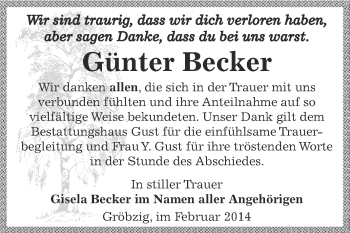 Traueranzeige von Günter Becker von WVG - Wochenspiegel Dessau / Köthen