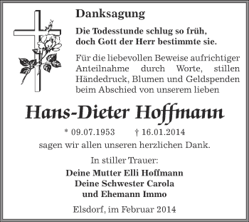 Traueranzeige von Hans-Dieter Hoffmann von WVG - Wochenspiegel Dessau / Köthen