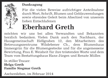 Traueranzeige von Eberhard Greth von WVG - Wochenspiegel Aschersleben
