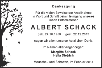 Traueranzeige von Albert Schack von WVG - Wochenspiegel Merseburg