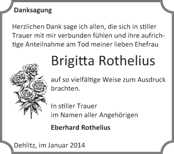 Traueranzeige von Brigitta Rothelius von WVG - Wochenspiegel NMB / WSF / ZTZ