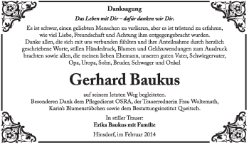 Traueranzeige von Gerhard Baukus von Super Sonntag Dessau / Köthen
