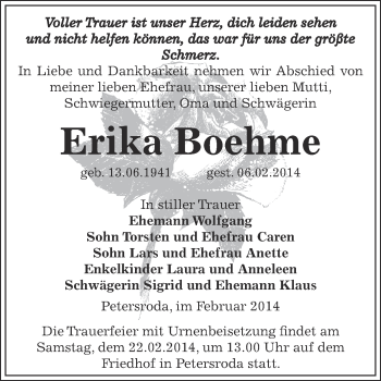 Traueranzeige von Erika Boehme von WVG - Wochenspiegel Bitterfeld