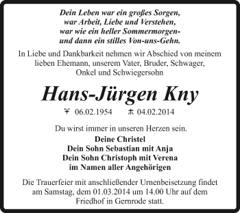 Traueranzeige von Hans-Jürgen Kny von Super Sonntag Quedlinburg