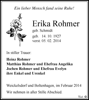 Traueranzeige von Erika Rohmer von WVG - Wochenspiegel NMB / WSF / ZTZ