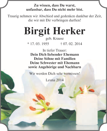 Traueranzeige von Birgit Herker von WVG - Wochenspiegel Merseburg