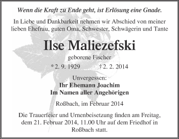 Traueranzeige von Ilse Maliezefski von Super Sonntag Merseburg