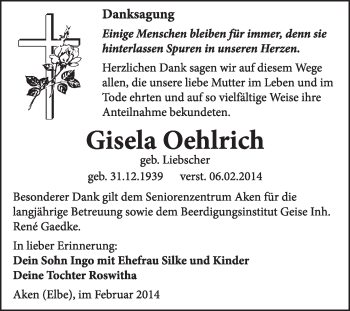 Traueranzeige von Gisela Oehlrich von Super Sonntag Dessau / Köthen