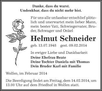 Traueranzeige von Helmut Schneider von WVG - Wochenspiegel Bitterfeld
