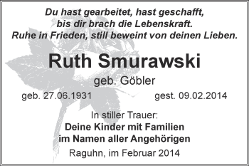 Traueranzeige von Ruth Smurawski von WVG - Wochenspiegel Bitterfeld