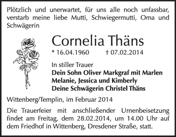 Traueranzeige von Cornelia Thäns von WVG - Wochenspiegel Wittenberg