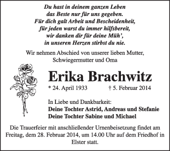 Traueranzeige von Erika Brachwitz von WVG - Wochenspiegel Wittenberg