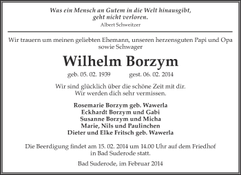 Traueranzeige von Wilhelm Borzym von WVG - Wochenspiegel Quedlinburg